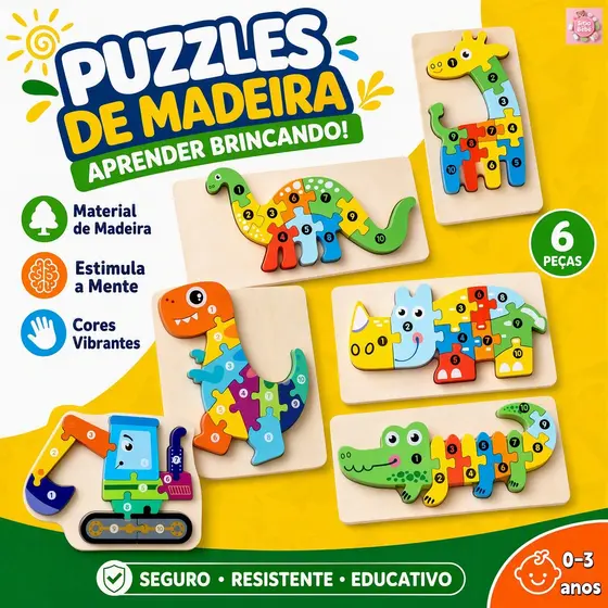 Quebra-Cabeça de Dino 3D em Madeira - Brinquedo Educativo Montessori para Bebês e Crianças Pequenas