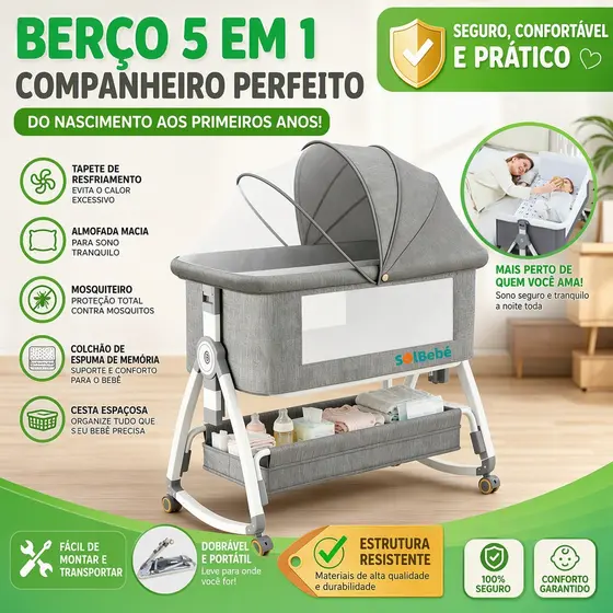 Berço Portátil Moises Co-bed Com Balanço Mosquiteiro e Cesto Regulagem de Altura