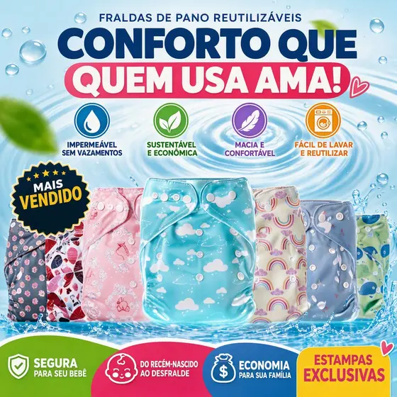 Fralda Ecológica Reutilizável Ajustável Para Bebês Impermeável Conforto e Sustentabilidade Crianças