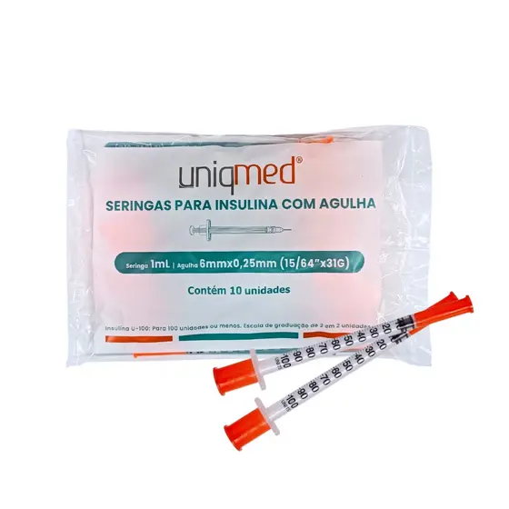 Seringa para insulina 1,0mL c/ agulha 6 x 0,25mm pct c/ 10 - Uniqmed