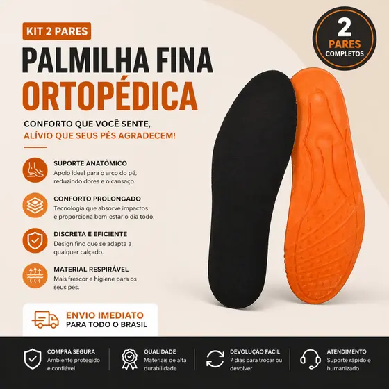 Kit 2 Pares de Palmilha Ortopédica Fina Gel PU Anatômica Confortável Tênis Botas Coturnos