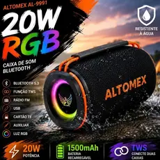 ALTOMEX Caixa De Som Bluetooth Resistente a Água 20W Com Alto Falante Duplo e Luz RGB AL-9992