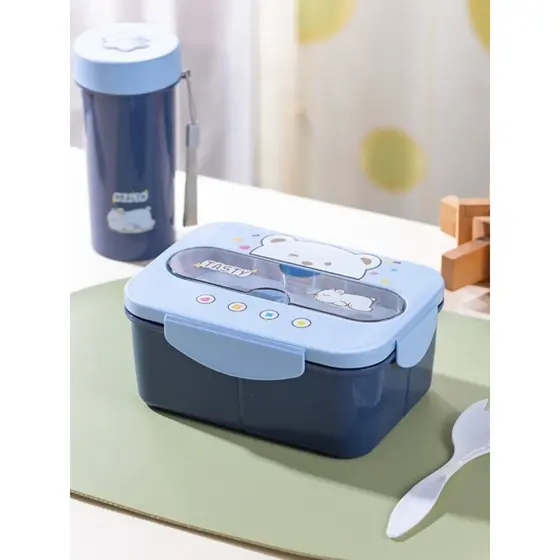 Kit Portátil Estampa de urso fofa Lancheira de 1000mm + Copo + Talheres, Próprio Para Micro-Ondas