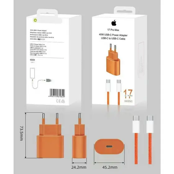 Carregador 40w Turbo iPhone 17 Pro Max Completo Fonte USB C e Cabo Tipo C Original