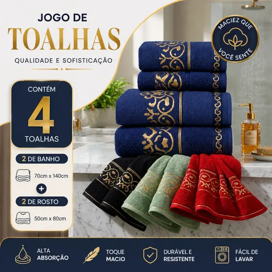 Kit 4 Toalhas de Banho e Rosto 75cm x 150 cm Alta Absorção Jogo 100% Algodão