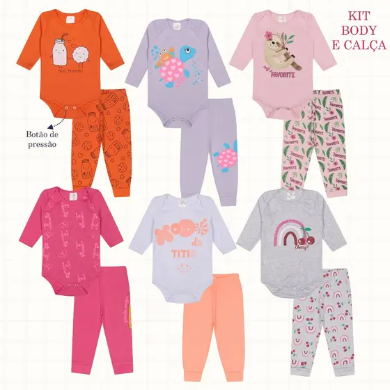 Kit Roupa De Bebe 12 Peças Body Manga Longa e Mijão Algodão Menina Sortido Promoção de Hoje