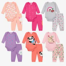 Kit 10 Peças Body manga longa Feminino inverno 5 Body + 5 Calças - 5 Conjuntos Bebê Menina