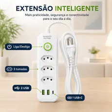 Extensão Elétrica Filtro de Linha 4 Tomadas 2500W com USB e Tipo C Botão Liga/Desliga Proteção Contra Sobrecarga