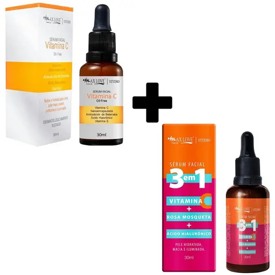 Kit c/ Sérum Facial Vitamina C e Sérum Facial 3 em 1 Max Love Com Hialuronico VItamina E Hidratante