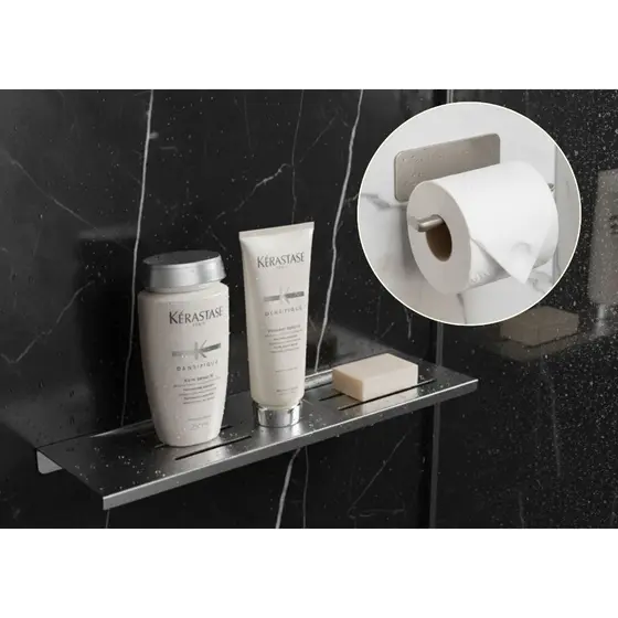 Kit Banheiro com Porta Shampoo Sabonete e Suporte Papel Higiênico Adesivo Moderno e Prático Aço Inox