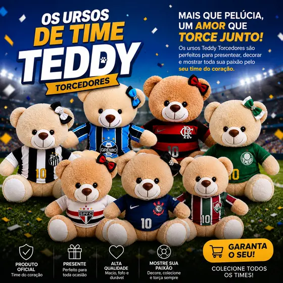 Urso Teddy Torcedor 22Cm de Time Pelúcia Premium Presente Criativo Decoração Colecione