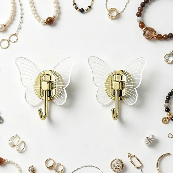 Kit Gancho Decorativo Borboleta Acrílico 2 Peças Autocolante Dourado