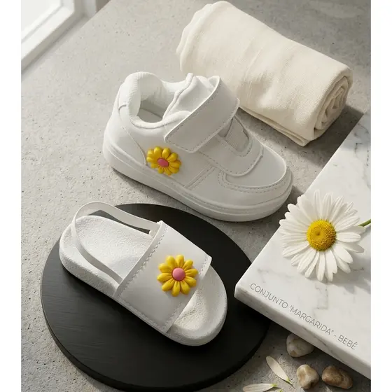 KIT 2 PARES BEBE TENIS E CHINELO FLOR CONFORTAVEL E MACIO PROMOCAO