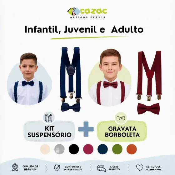 Kit Suspensório + Gravata Borboleta Infantil Juvenil Adulto Casamentos Eventos Pajem Batizado