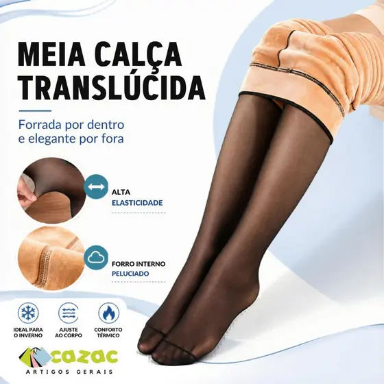 Meia-Calça Térmica Forrada Peluciada Translúcida De Lã Quente Feminina Para Inverno Elástica Slim