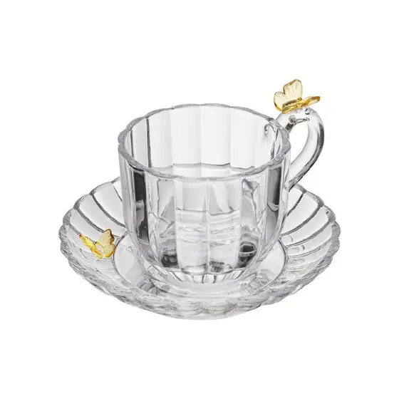 Conjunto Xícara E Pires De Cristal Premium Detalhe Borboleta 3D Fairy 180ml Mesa Posta
