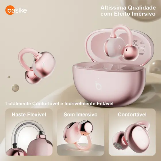 Fone de Ouvido Sem Fio Basike Ba-FON261, TWS, Ear-Clip, 30h de Música, IPX5