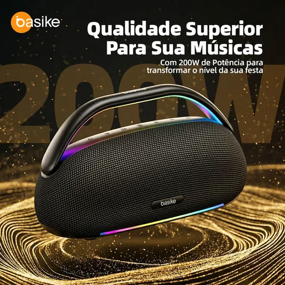 Basike Caixa de Som Portátil Sem Fio  , Bluetooth 5.3, 200W, Luzes RGB, 18000mAh, IPX5