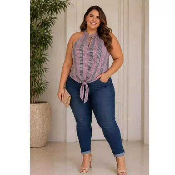 Blusa Regata Feminina Com Amarração Confortável Plus Size Estilosa