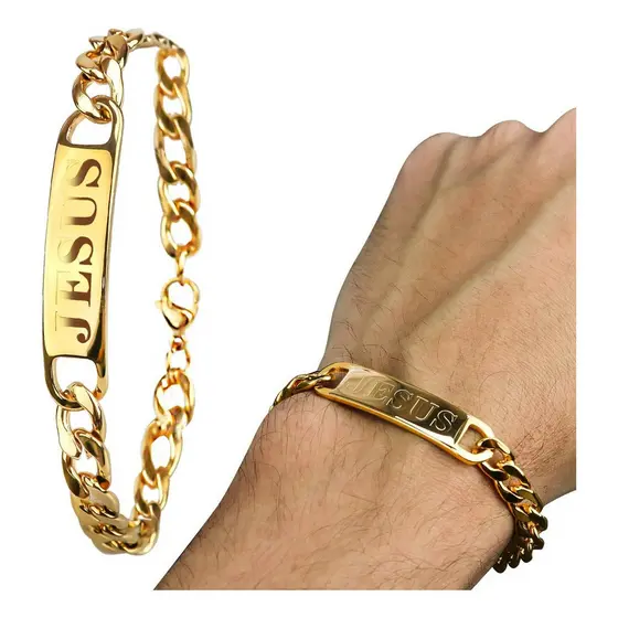 Pulseira Aço Jesus Cristo Banhada Dourada Inoxidável