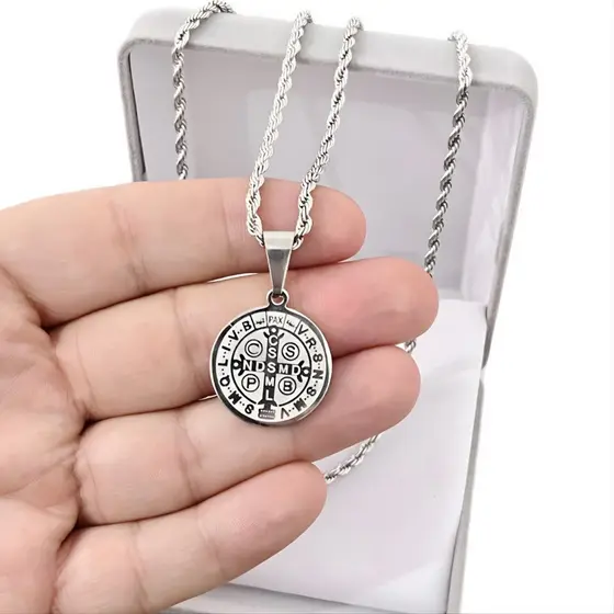 Presente Medalha São Bento Duplaface + Cordão Baiano Aço Inoxidavel Prateado 45/60/70cm Barato