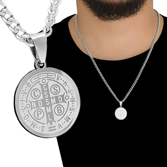 Corrente E Pingente Medalha São Bento Em Aço Inox Masculina Unissex Barato Presente Infantil