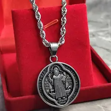 Colar São Bento com Pingente de Medalha de São Bento - Joia Religiosa em Aço Inoxidável Top.