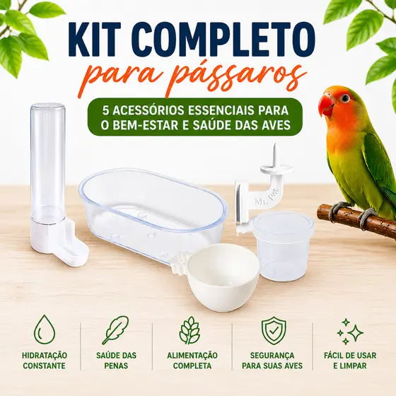 Kit Passaros com 5 itens Bebedouro Banheira Porta Ovo Vitamina Fruta Calopsita Periquito pássaros