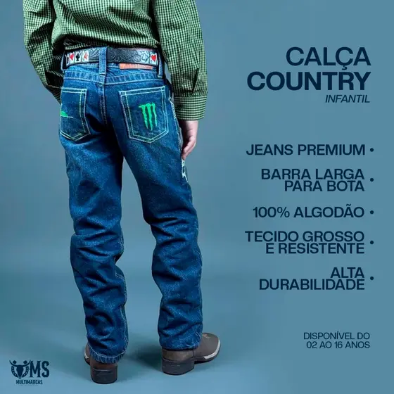 Calça Jeans Infantil Country Masculina Bordada 2 a 16 Anos Barra Larga Para Bota Rodeio Premium