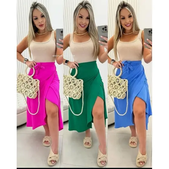Saia Envelope Transpassada Feminina Elegante Moda Casual
