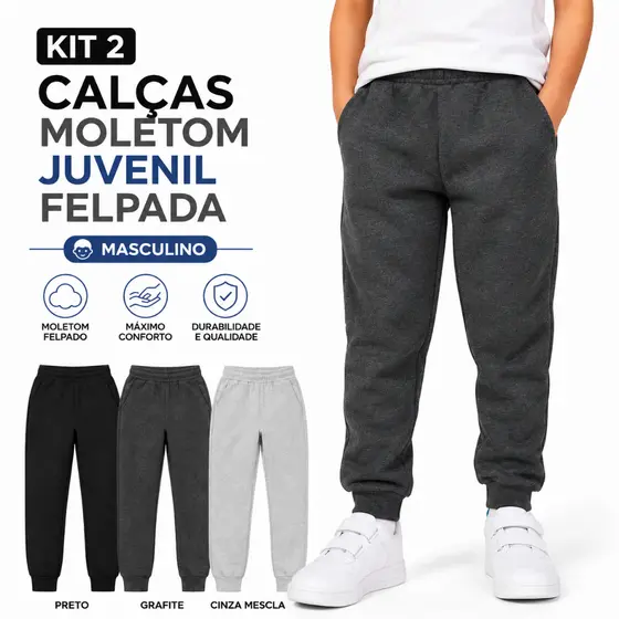 Kit 2 Calças Moletom Felpado Infantil Juvenil Masculina