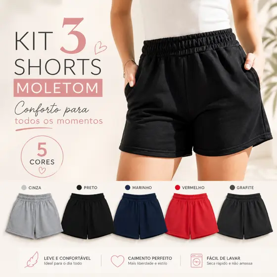 Kit 3 Shorts Moletom Feminino com Bolso Soltinho Confortável Casual Fitness Academia Passeio Moda Verão Dia a Dia P - GG