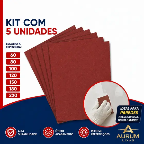 Kit 5 Lixas Para Massa Parede Reboco Massa Corrida Gesso Grão 60 ao 220 Lixas Aurum