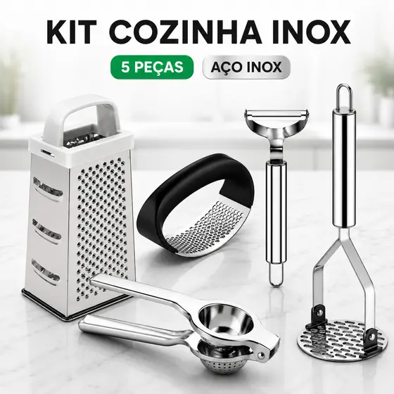 KIT Cozinha 5 Peças Inox Amassador Batata Alho Descascador Legumes Espremedor Limão Ralador 4 Faces