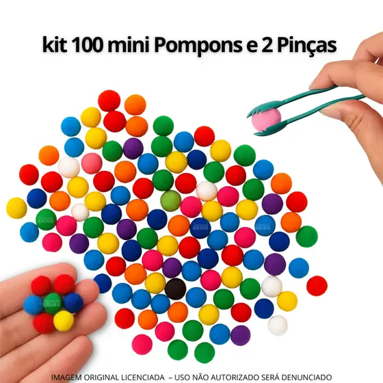 Kit 100 Mini Pompons Coloridos + 2 Pinças - Coordenação motora fina - Atividades Sensorial Infantil - Montessori