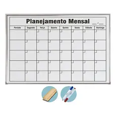 Quadro Planejamento Mensal 60x40 Lousa Planner Branco Moldura Alumínio + Kit 2 Canetas E Apagador