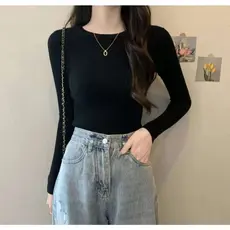 Camisa feminina fina e justa com decote em U, algodão puro, outono e inverno, com gola redonda, manga comprida