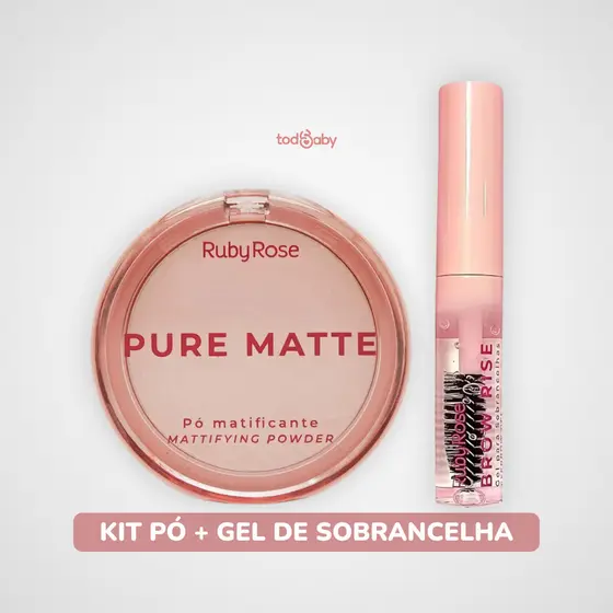 Pó Compacto Pure Matte + Gel Fixador de Sobrancelha Brow Rise Ruby Rose® Kit Maquiagem