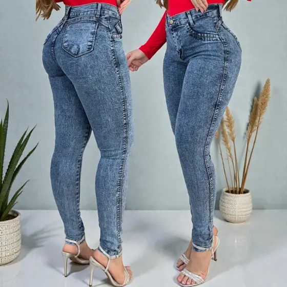 Calça Jeans Feminina Com Elastano Skinny Cintura Alta Modelo Empina Bumbum