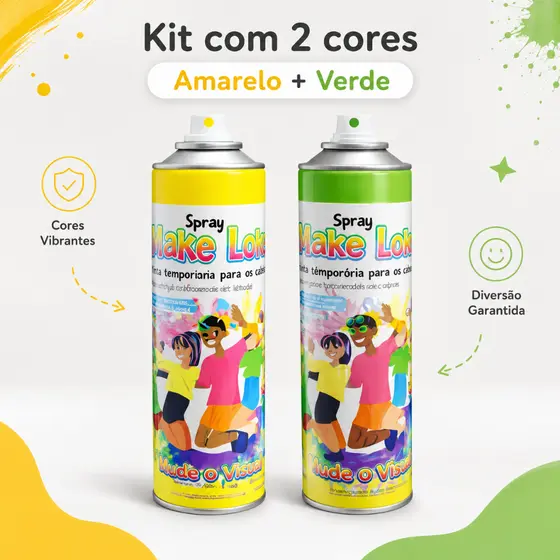 Kit Tinta Spray Pinta Cabelo Verde e Amarelo para Festa e Torcida