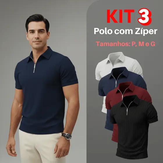 Kit 3 Camiseta Polo Com Ziper Manga Curta Canelada Camisa Básica Malha