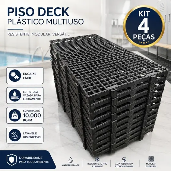 Kit 4 Palete Estrado Plástico Deck Pet Preto 25x50cm Pallet Piso Plástico Modular - Preto