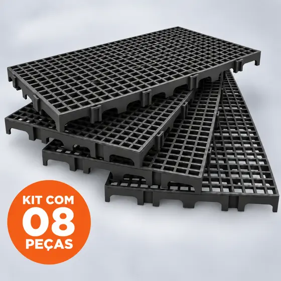 Kit 8 Pallet Estrado Piso Reforçado Plástico Modular Montável Preto Palete 50x25 - 8 peças cobre 1m²
