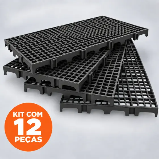 Kit Peças Palete Estrado Piso Plástico Modular Montável Preto Resistente Deck 25x50 - Kit 2, 8 ou 12