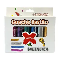 Guache Bastão Metálica 6 Cores Make+ 60g Lavável Cores Vivas
