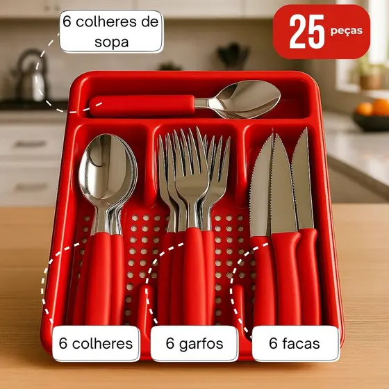 Jogo de Talheres Inox Com Suporte Gaveteiro de Brinde Talher Premium Sortido Completo Sopa