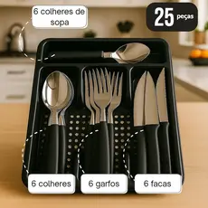 Jogo de 24 Talheres Inox Com Brinde Suporte Gaveteiro ou Pote Talher Colher Garfo Premium