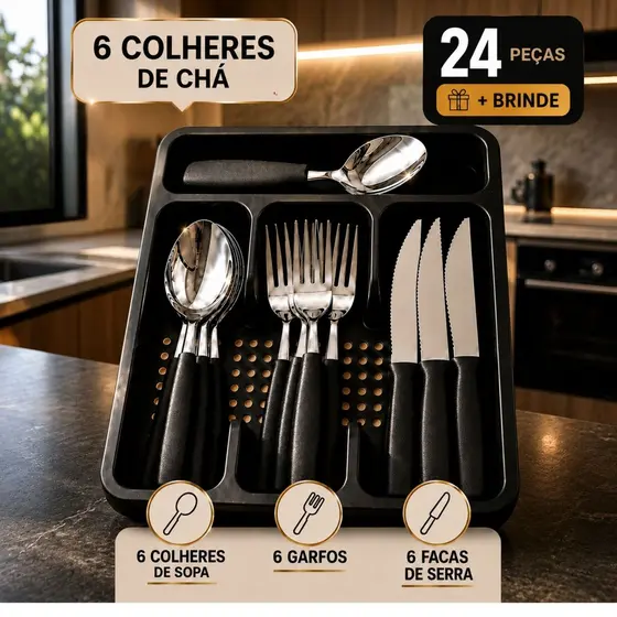 Jogo Talheres Inox 24 Peças com Brinde Suporte Gaveteiro Prático