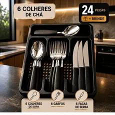 Jogo Talheres Inox 24 Peças com Brinde Suporte Gaveteiro Prático