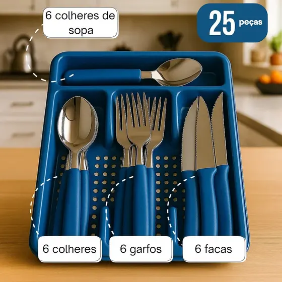 Jogo de 24 Talheres Com Brinde Suporte Gaveteiro ou Pote Premium Garfo Colher Sortido